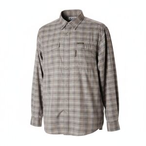 Columbia men XL tan blue plaid long Sseeve button up shirt outdoors casual